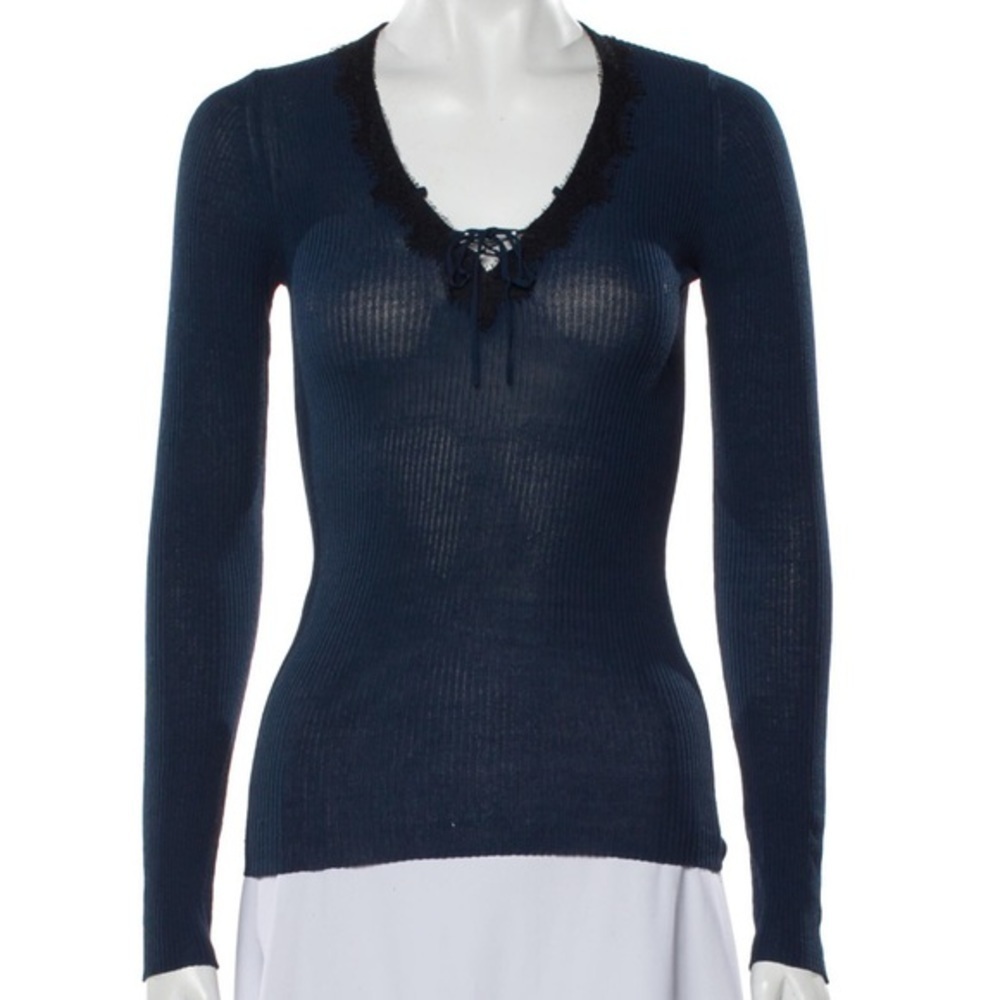 𝅺SANDRO Scoop Neck with lace embellishment Long Sleeve Navy and Black